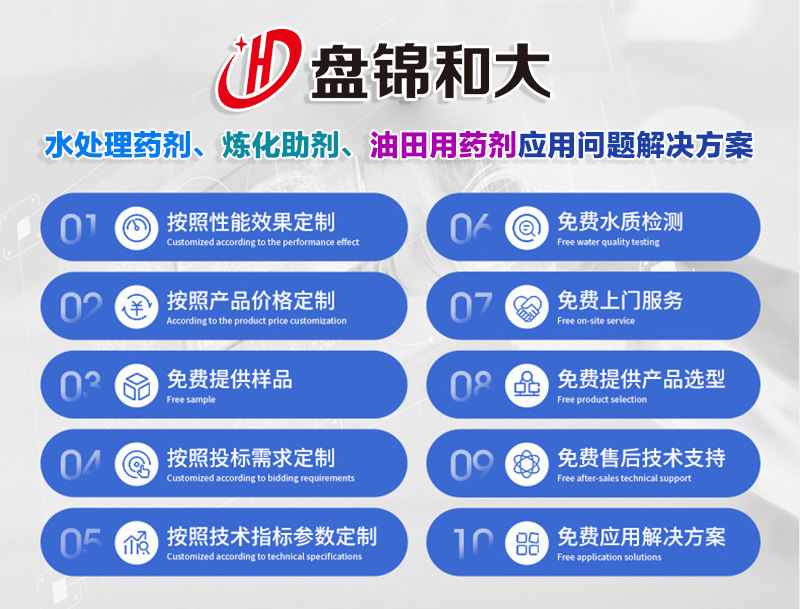 盤錦和大實業(yè)有限公司主要化工產(chǎn)品有水處理藥劑、煉化助劑和油田用藥劑。煉化助劑主要產(chǎn)品有：中和緩蝕劑、柴油抗磨劑、水溶中和緩蝕劑、油溶緩蝕劑、加氫緩蝕劑、無磷高溫緩蝕劑、連續(xù)重整緩蝕劑、延遲焦化緩蝕劑、加氫阻垢劑、破乳劑、延遲焦化破乳劑、延遲焦化消泡劑、油槳阻垢劑；水處理藥劑主要產(chǎn)品有：緩蝕阻垢劑、氧化型殺菌劑、非氧化型殺菌劑、黏泥剝離劑、預(yù)膜劑、酸性緩蝕劑、清洗劑、除油劑、絮凝劑、氨氮去除劑、除磷劑、反滲透阻垢劑、反滲透殺菌劑、還原劑等2